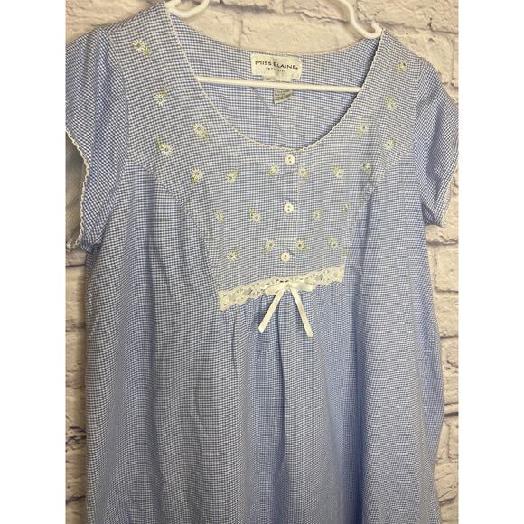 Miss Elaine Intimates Vintage Blue & White Checked Nightgown w/Embroidery SZ LG - Picture 2 of 4